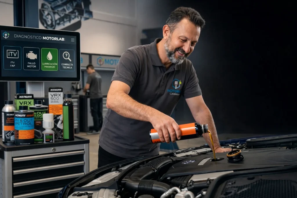 Mecánico lubricando motor de automóvil