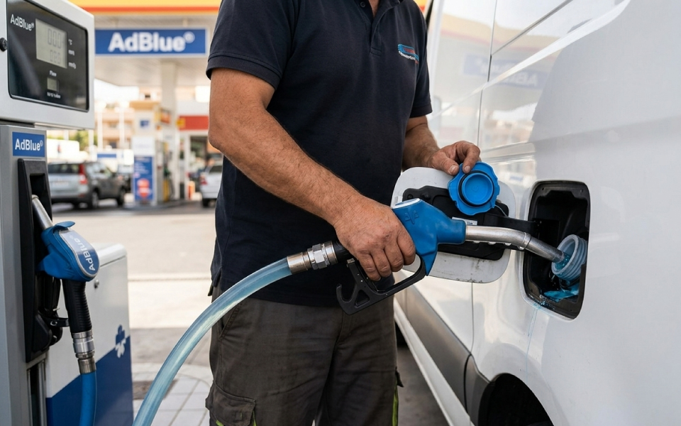 Hombre repostando AdBlue en un surtidor de gasolinera