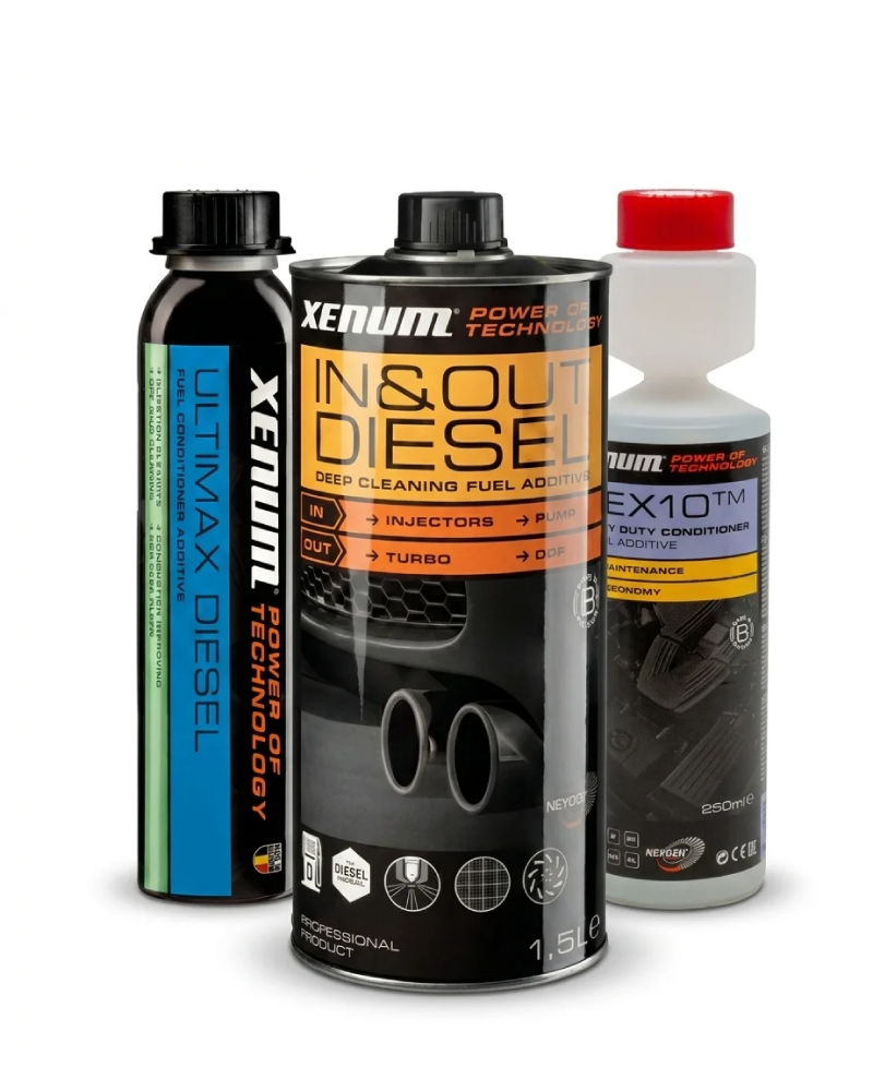 Pack de tratamiento completo MotorLab Diésel para limpieza de FAP, protección de inyectores y mantenimiento de motor. Incluye Xenum In&Out Diesel, Ultimax Diesel y Nex10.